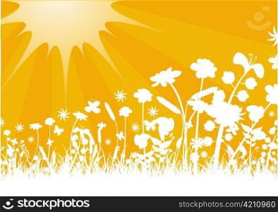 Vector illustration of Peaceful sunset with Silhouette of flowers and grass