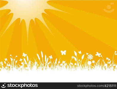 Vector illustration of Peaceful sunset with Silhouette of flowers, grass and butterfly