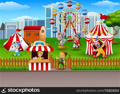 Vector illustration of People and animals working at the amusement park