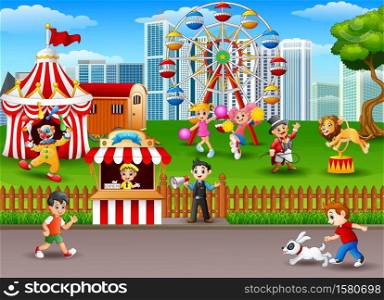 Vector illustration of People having fun at the amusement park