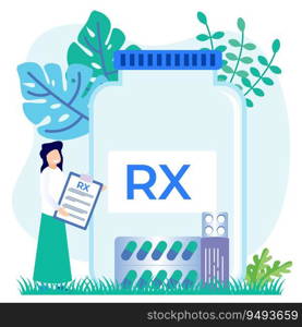 Vector illustration of pharmacy and drug concept. Pharmacy specialists recommend painkillers to patients. Female pharmacist standing near RX prescription.