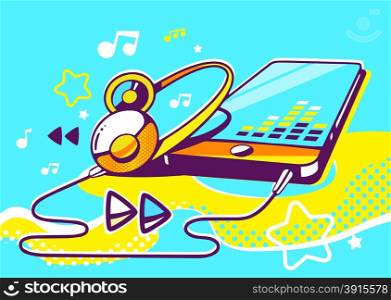 Vector illustration of phone with yellow headphones on a blue background with wave, note and star. Hand draw line art design for web, site, advertising, banner, poster, board and print.