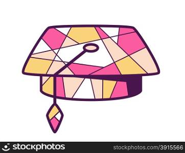 Vector illustration of pink and yellow graduation cap on light background. Bright color line art design for web, site, advertising, banner, poster, board and print.