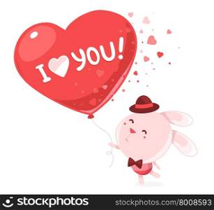Vector illustration of pink bunny holding big red balloon with the word love on white background. Art design for Valentine&rsquo;s Day greetings and card, web, banner, poster, flyer, brochure, print.