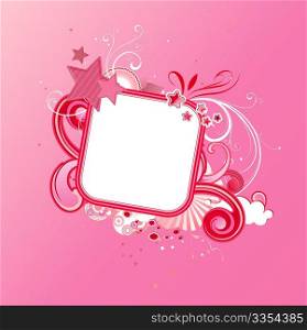 Vector illustration of pink funky styled design frame made of floral elements and stars