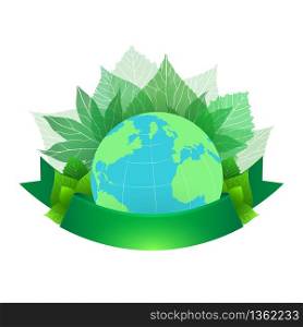 Vector illustration of planet Earth with leaves and green ribbon for text. Vector element for your design. Vector illustration of planet Earth with leaves and green ribbon