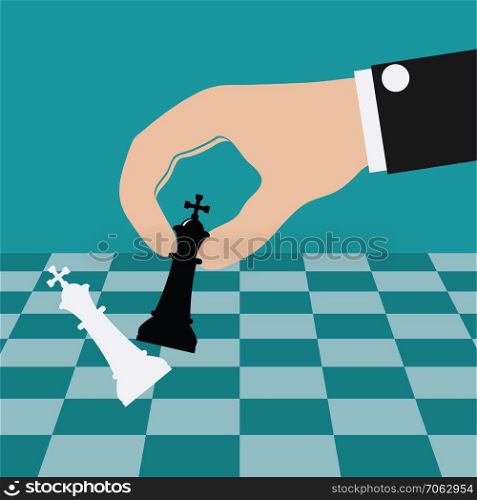 vector illustration of playing chess game and defeating the king. business concept of strategy success. hand holding king chess piece