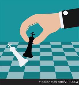 vector illustration of playing chess game and defeating the king. business concept of strategy success. hand holding king chess piece