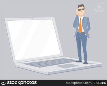 Vector illustration of portrait of miniature analyst man in a jacket hand holds glasses stands on the notebook on grey background
