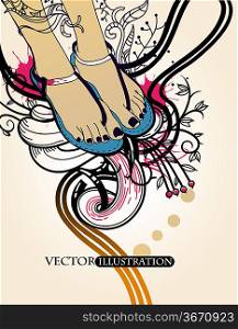 vector illustration of pretty feet in summer sandals on an abstract floral background