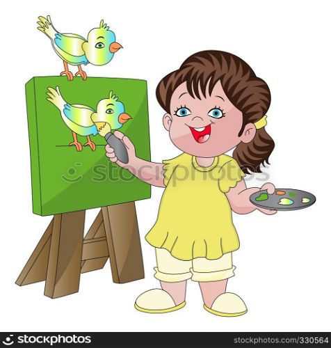 Vector illustration of pretty girl painting bird on canvas.