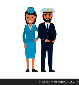 Vector illustration of professions stewardess and sea captain isolated on white. Air hostess in uniform and mariner with binocular.. Stewardess in Cap and Sea Captain with Binoculars