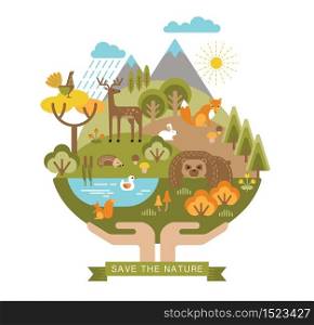 Vector illustration of protection nature. Forest flora and fauna. Trendy graphic style.. Vector illustration of protection nature.