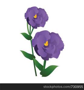 Vector illustration of purple lisianthus flowers with green leafs on white background.