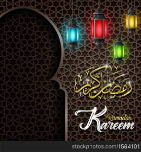 Vector illustration of Ramadan kareem greeting card template with arabic lamp hanging
