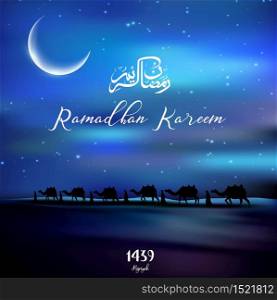Vector illustration of Ramadan kareem with walking camel caravan at night the desert