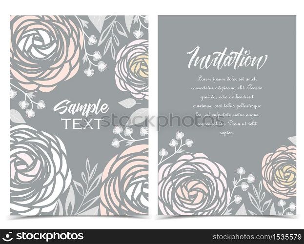 Vector illustration of ranunculus flower. Backgrounds with white flowers. Set of greeting cards. Vector ranunculus flower