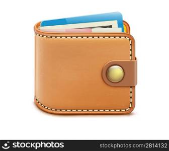 Vector illustration of realistic closed wallet with banknotes and credit card on a white background