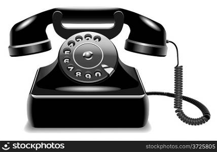 Vector illustration of realistic outdated black telephone isolated on white background.