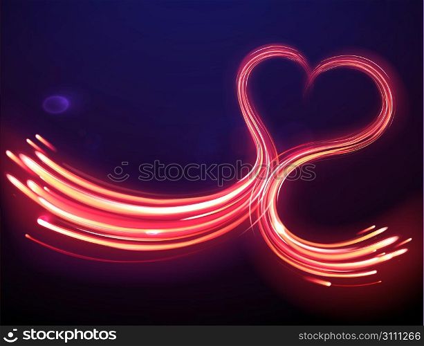 Vector illustration of red abstract background with blurred magic heart shape neon light lines