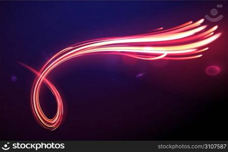 Vector illustration of red abstract background with blurred magic neon light curved lines