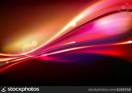 Vector illustration of red abstract background with blurred magic neon light curved lines