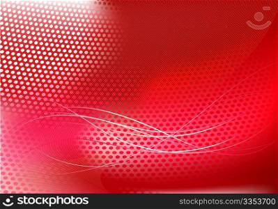 Vector illustration of red abstract techno background made of dots and curved lines. Great for backgrounds or layering over other images