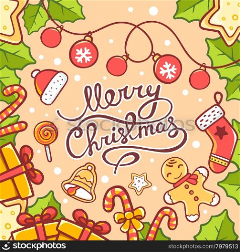 Vector illustration of red and green christmas items and hand written text on yellow background. Hand draw line art design for web, site, advertising, banner, poster, board, postcard, print and greeting card.