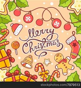 Vector illustration of red and green christmas items and hand written text on yellow background. Hand draw line art design for web, site, advertising, banner, poster, board, postcard, print and greeting card.
