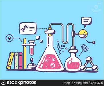 Vector illustration of red and yellow chemical laboratory flasks on blue background. Bright color line art design for web, site, advertising, banner, flyer, poster, board and print.