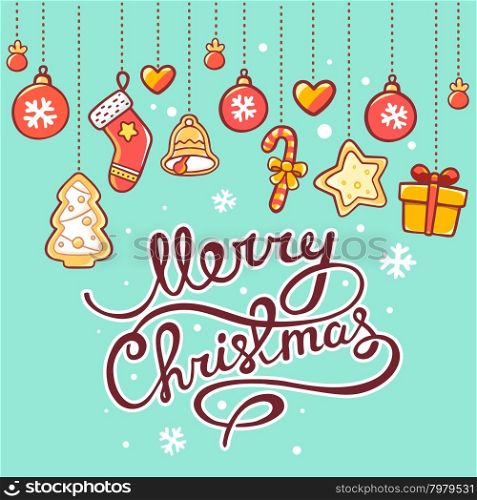 Vector illustration of red and yellow christmas garland and hand written text on green background. Bright color. Hand draw line art design for web, site, advertising, banner, poster, board, postcard, print and greeting card.