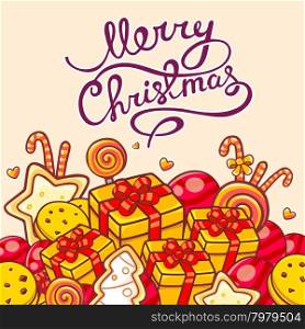 Vector illustration of red and yellow christmas items and hand written text on light background. Hand draw line art design for web, site, advertising, banner, poster, board, postcard, print and greeting card.