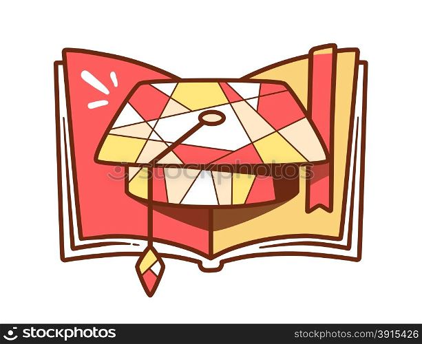Vector illustration of red and yellow graduation cap and open book on light background. Bright color line art design for web, site, advertising, banner, poster, board and print.