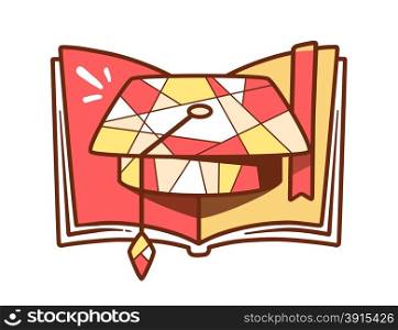 Vector illustration of red and yellow graduation cap and open book on light background. Bright color line art design for web, site, advertising, banner, poster, board and print.
