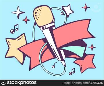 Vector illustration of red and yellow microphone with ribbon on blue background. Retro color line art design for web, site, advertising, banner, flyer, poster, board and print.