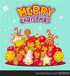 Vector illustration of red and yellow pile of christmas items and hand written text on green background. Bright color. Hand draw line art design for web, site, advertising, banner, poster, board, postcard, print and greeting card.