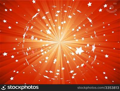 Vector illustration of red background with light rays and burst of stars