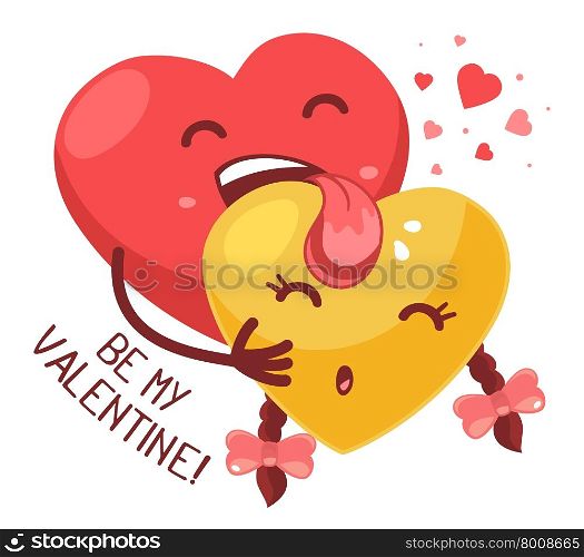 Vector illustration of red boy heart is licking yellow girl heart on white background. Art design for Valentine&rsquo;s Day greetings and card, web, banner, poster, flyer, brochure, print