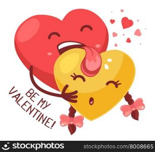 Vector illustration of red boy heart is licking yellow girl heart on white background. Art design for Valentine&rsquo;s Day greetings and card, web, banner, poster, flyer, brochure, print