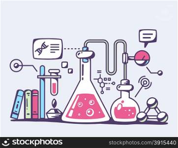 Vector illustration of red chemical laboratory flasks on gray background. Bright color line art design for web, site, advertising, banner, flyer, poster, board and print.