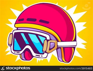 Vector illustration of red fashion helmet on yellow background. Hand draw line art design for web, site, advertising, banner, poster, board and print.