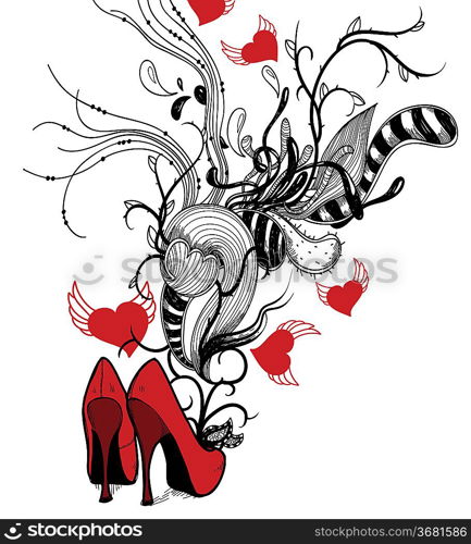 vector illustration of red fashion shoes with abstract plants and flying hearts