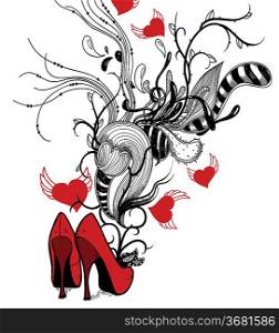 vector illustration of red fashion shoes with abstract plants and flying hearts