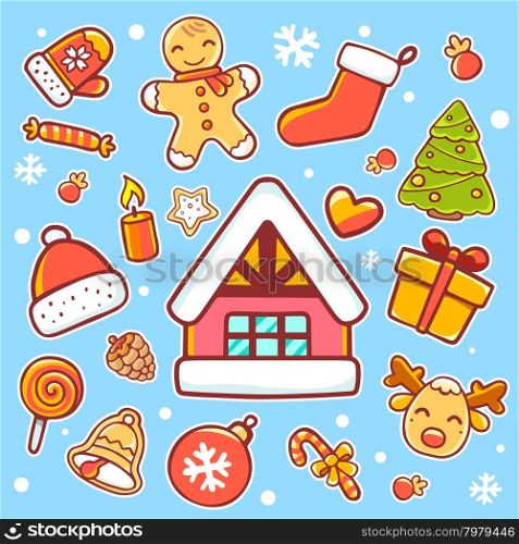 Vector illustration of red, green and yellow christmas items on blue background with snowflakes. Bright color. Hand draw line art design for web, site, advertising, banner, poster, board, postcard, print and greeting card.