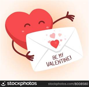 Vector illustration of red heart holding envelope on white background. Art design for Valentine&rsquo;s Day greetings and card, web, banner, poster, flyer, brochure, print.