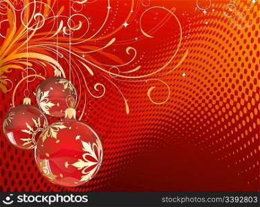 Vector illustration of red Holiday card with christmas balls on floral Decorative background