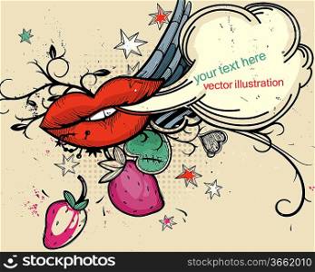 vector illustration of red lips and yummy strawberries in a vintage style