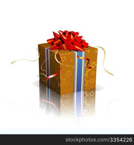 Vector illustration of red square present box with a bow and ribbons on shiny reflective surface