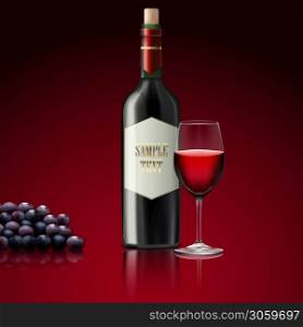 Vector illustration of Red wine with bottle of champagne and grapes