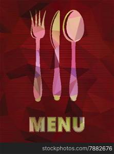 Vector illustration of restaurant card menu design. Spoon, fork and knife on abstract triangular background.